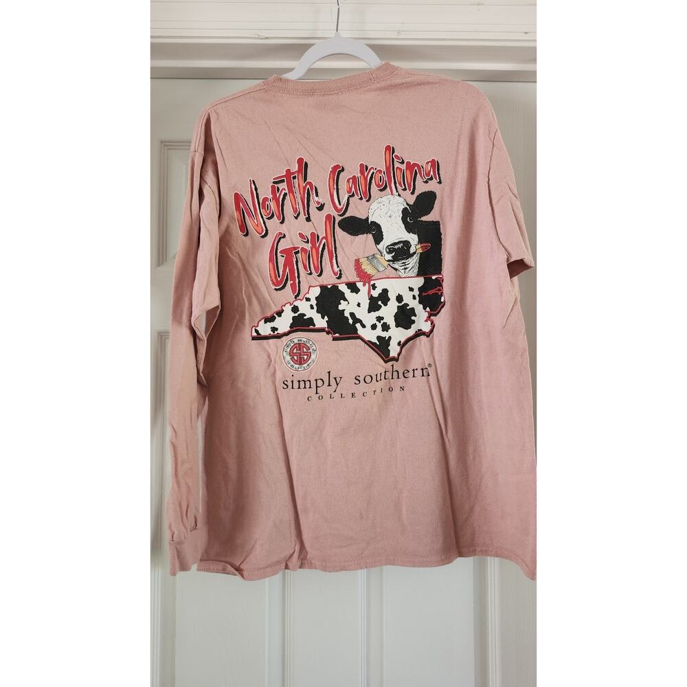 Simply Southern NC North Carolina Long Sleeve Pocket Pink Cow Print Large #598 - Picture 5 of 6